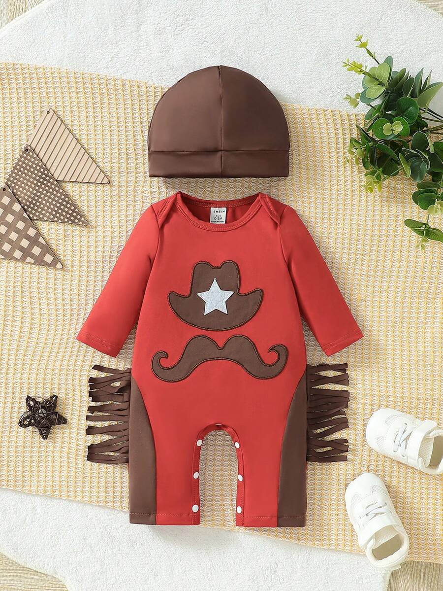 SHEIN 男嬰卡通刺繡流蘇邊連身褲和帽