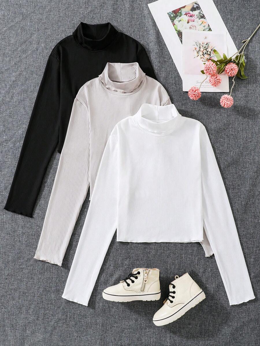 SHEIN Girls Mock Neck Lettuce Trim Crop Tee - Multicolor - View 1