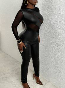 Slaydiva 休闲网眼拼接 PU 涂层透视圆领长袖紧身女式连体裤配长裤 - 黑色 - 查看 4