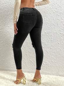 SHEIN SXY Ripped Skinny Jeans - Black - View 2