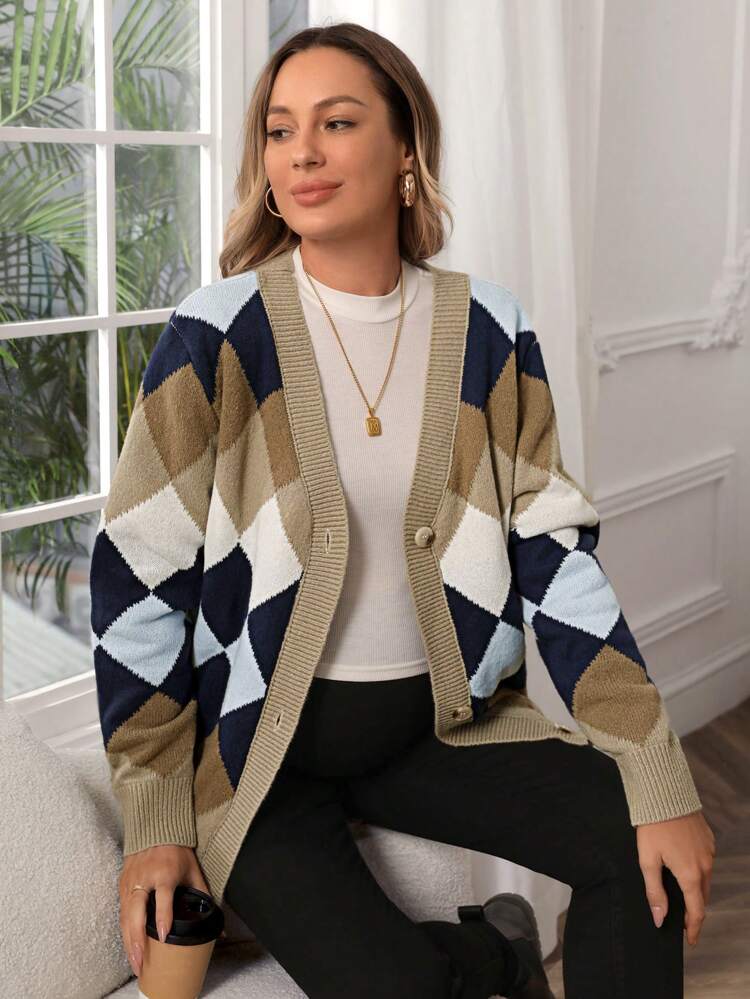 Maternity Argyle Pattern Button Front Cardigan, For Winter