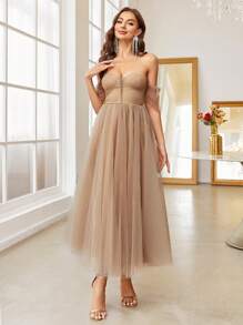 SHEIN Belle Off Shoulder Mesh Overlay Dress - Khaki - View 6