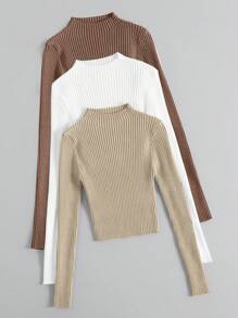 Franclia 3 chiếc áo len cổ cao dệt gân, áo len nữ tay dài dệt gân dáng ôm nhiều màu sắc chất liệu viscose, áo thun cơ bản tay thường, áo len nữ mùa thu đông. - Nhiều màu - Xem 3