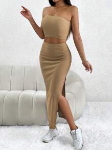 SHEIN PETITE 素色抹胸上衣&高衩半身裙 - 卡其色 - 查看 3