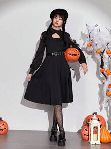 Teen Girl Cut Out Cold Shoulder Dress Without Belt - Black - View 4