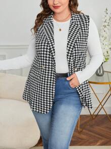 SHEIN Privé Plus Houndstooth Print Double Breasted Vest Blazer - Black - View 1