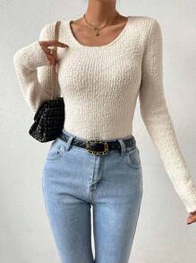 SHEIN Essnce Solid Scoop Neck Fuzzy Knit Sweater - White - View 6