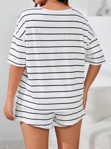 Plus Size Striped Casual Skin-Friendly Pajama Set, Outfits - White - View 2