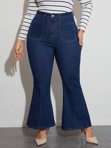SHEIN LUNE Plus Patch Pocket Flare Leg Jeans - Blue - View 3