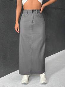 SHEIN EZwear Chất rắn Tách rời Váy Denim - Xám - Xem 4