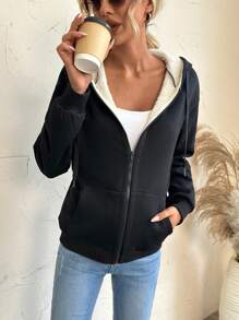 SHEIN Unity Zip Up Drawstring Thermal Lined Hoodie - Black - View 6