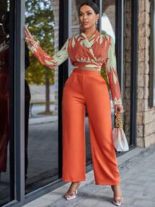 VaVaBold Feather Print Wrap Knot Back Crop Blouse & Pants - Burnt Orange - View 6