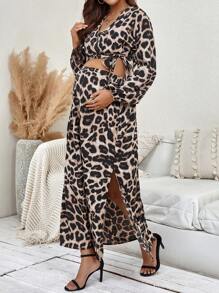 SHEIN Thai sản In hoa Báo Tay áo lồng đèn Top Cây trồng & Vòng eo có thể điều chỉnh Tách đùi Váy - Màu Khaki - Xem 1