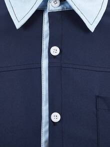 Men Contrast Trim Button Up Shirt - Navy Blue - View 5