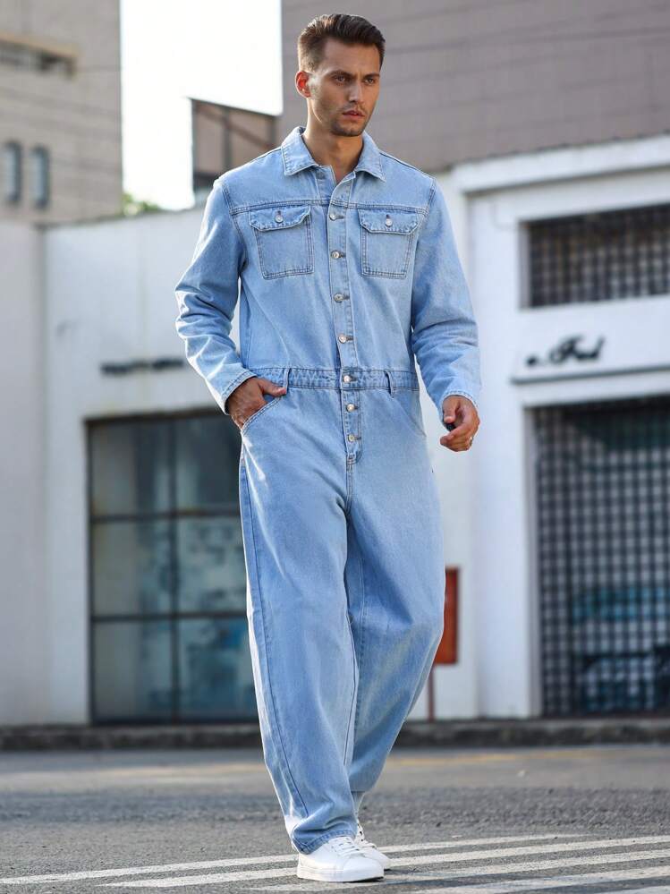 Manfinity Homme Loose Men's Flap Pocket Denim Jumpsuit | SHEIN USA