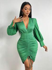 Allurite 性感抽繩 褶邊純色女士連衣裙 - 綠色 - 查看 6