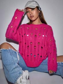 SHEIN Unity Open Knit Drop Shoulder Sweater Knit Pullover Fall Winter Outfit - Hot Pink - View 7