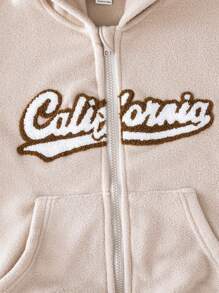 SHEIN Tween Girl 1pc Letter Embroidery Hooded Fleece Jacket - Apricot - View 4