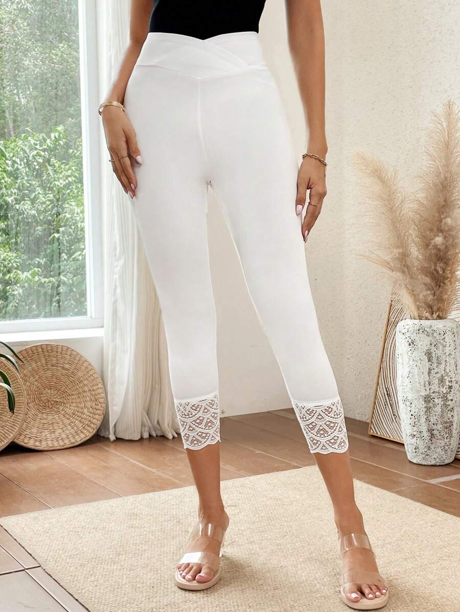 SHEIN LUNE Contrast Lace Asymmetrical Waistband Waist Leggings