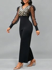 SHEIN Lady Lưới tương phản Tay áo In kẻ sọc Tương phản Sequin Áo nịt ngực Áo liền quần - Nhiều màu - Xem 8