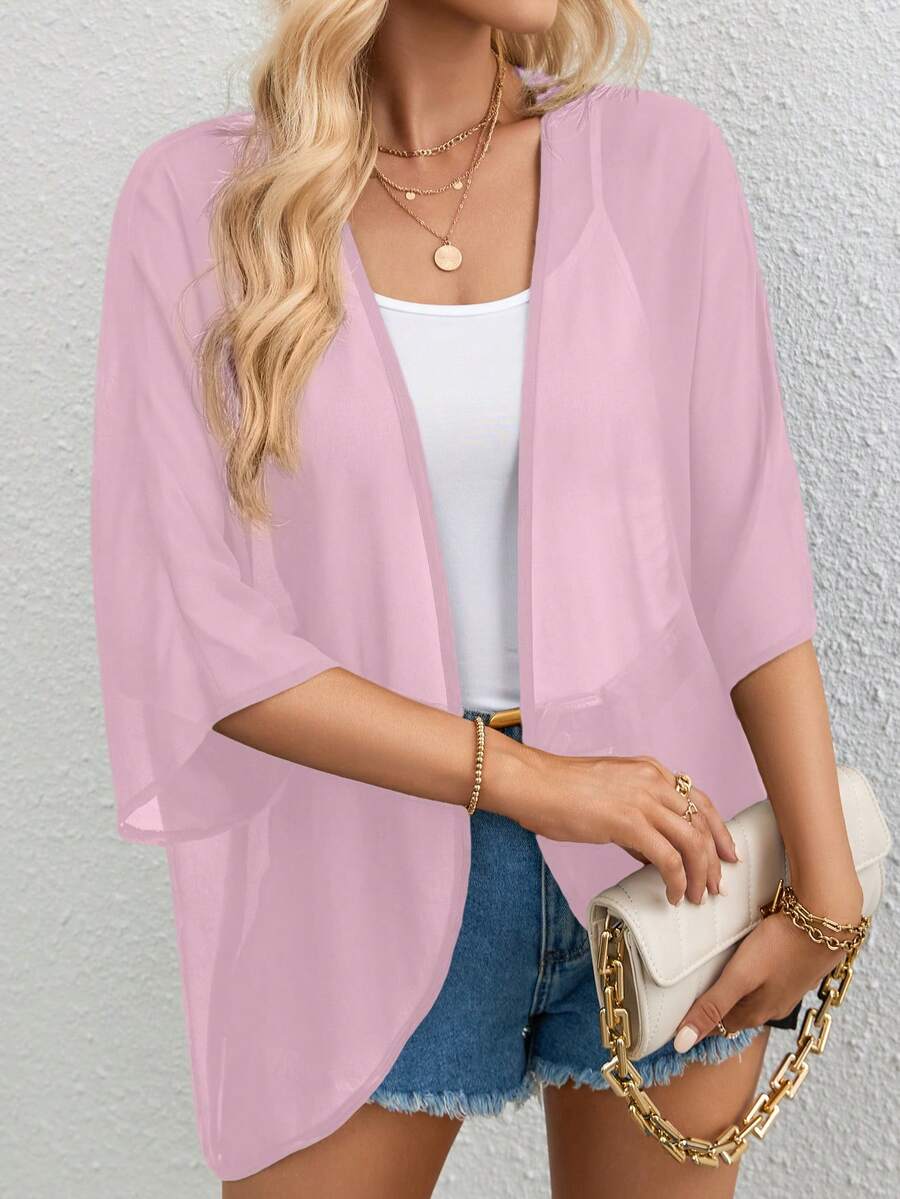 SHEIN Essnce Chất rắn Mở Mặt trước tay cánh áo - Bụi hồng - Xem 1