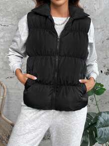 SHEIN LUNE Zip Up Puffer Vest Coat - Black - View 5