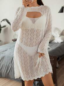 Flirla Plus Cut Out Scallop Trim Sweater Dress Without Lingerie Set - White - View 3