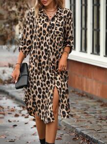 EMERY ROSE Leopard Print Roll Tab Sleeve Shirt Dress Maxi Women Outfit