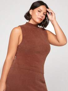 SHEIN BASICS Plus Mock Neck Fluffy Knit Top - Brown - View 5