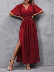 EMERY ROSE Butterfly Sleeve Split Thigh Dress Burgundy Maxi Women Outfit - Burgundy - View 6