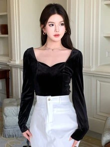 DAZY 素色雞心領口絲絨襯衫