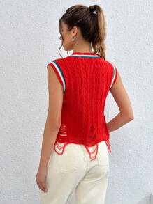 SHEIN Unity Striped Trim Ripped Sweater Vest - Hot Pink - View 2