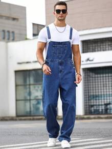 Manfinity Homme 寬鬆設計男士牛仔背帶褲,斜口口袋（不包括t恤） - 深色水洗藍 - 查看 3
