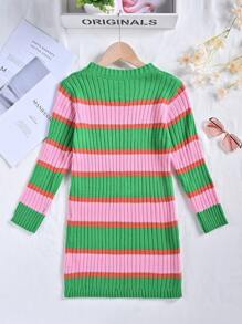 SHEIN Chica preadolescente Vestido de punto de color combinado tejido de canalé - Multicolor - Ver 2