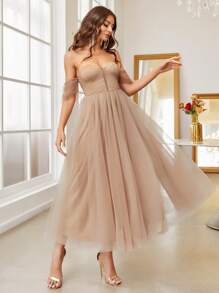 SHEIN Belle Off Shoulder Mesh Overlay Dress - Khaki - View 5