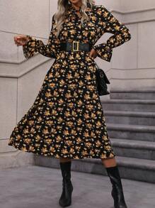 SHEIN LUNE 滿版印花喇叭袖繫帶領洋裝不附腰帶 - 黑色 - 查看 4