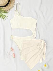 SHEIN Swim Summer Beach Plain Cut-Out One Piece Swimsuit With Beach Skirt - White - View 3