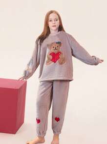 Tween Girl Bear Embroidery Drop Shoulder Flannel Pullover & Pants - Dusty Purple - View 2