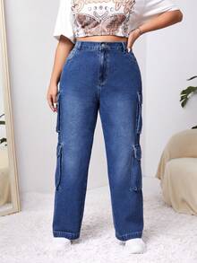 SHEIN EZwear Plus High Waist Flap Pocket Side Cargo Jeans - Blue - View 3