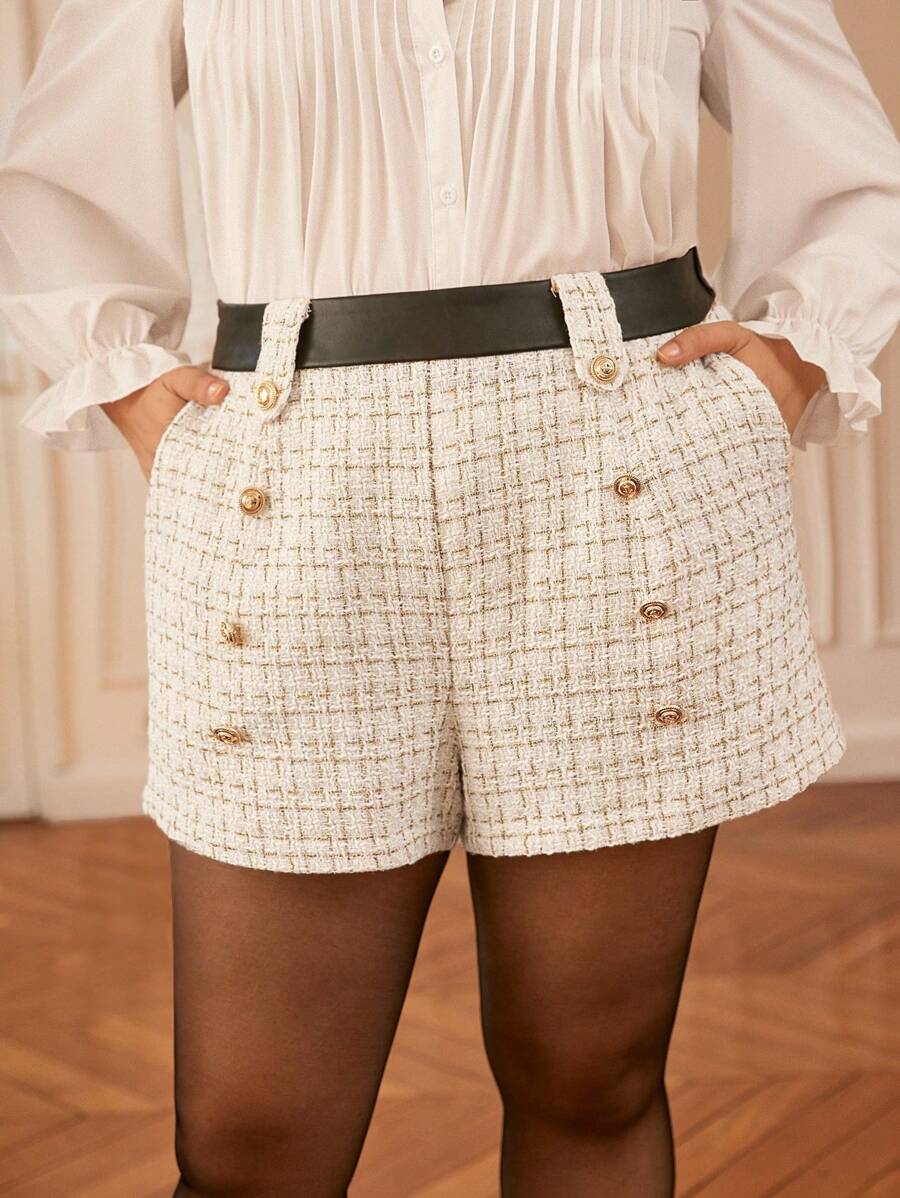SHEIN Frenchy Plus Plaid Pattern Double Breasted Tweed Shorts - Multicolor - View 1
