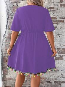 SHEIN Holidaya Plus Floral Print Tassel Trim Dress - Purple - View 2
