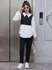 Teen Girls Two Tone 2 In 1 Blouse & Pants - Black and White - View 3
