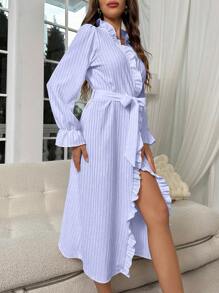 Ruffle Trim Flare Sleeve Belted Robe - Mauve Purple - View 4