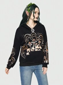 ROMWE Fairycore Mushroom Print Drop Shoulder Hoodie