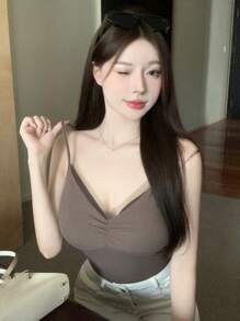 DAZY Chất rắn Xù Cami ngọn - màu nâu - Xem 1