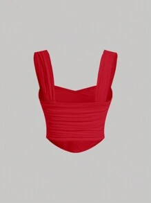 SHEIN MOD 素色褶邊寬背帶上衣 - 紅色 - 查看 2