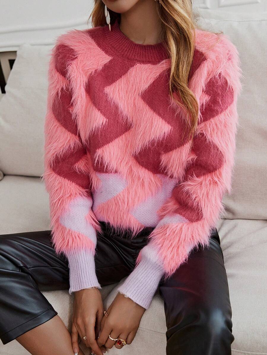SHEIN Unity Chevron Pattern Fuzzy Knit Sweater - Pink - View 1