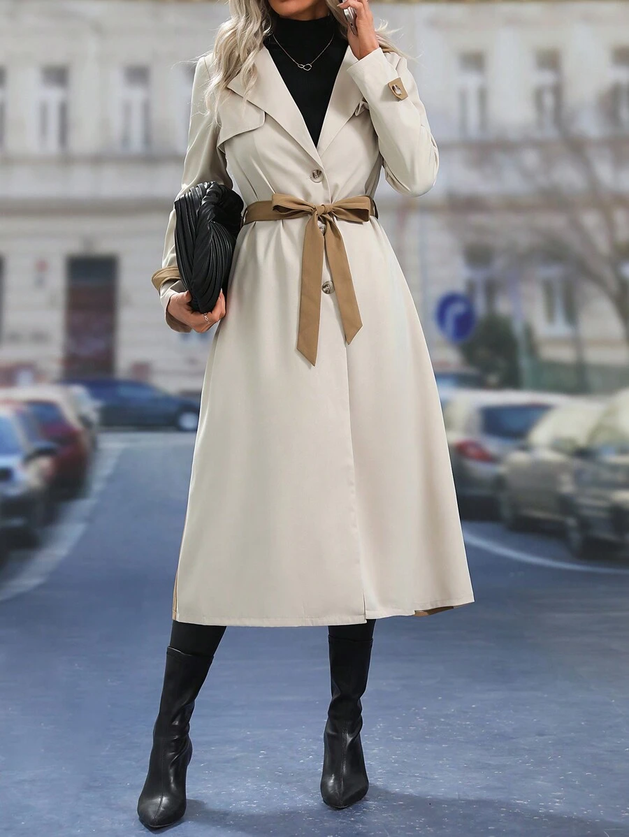 SHEIN Clasi Lapel Neck Belted Trench Coat - Apricot - View 1