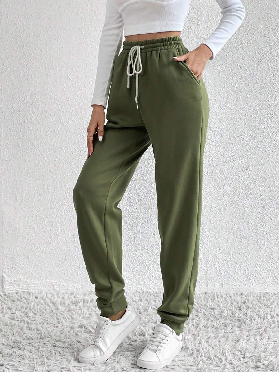 SHEIN Tall Drawstring Waist Slant Pocket Sweatpants - Olive Green - View 1