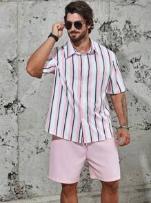 Manfinity Homme Men Plus Striped Print Shirt & Shorts - Pink - View 3